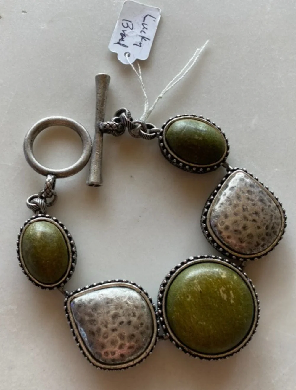 LUCKY BRAND Vintge Reversible Silver Tone Link Bracelet Toggle 8” Green Stones